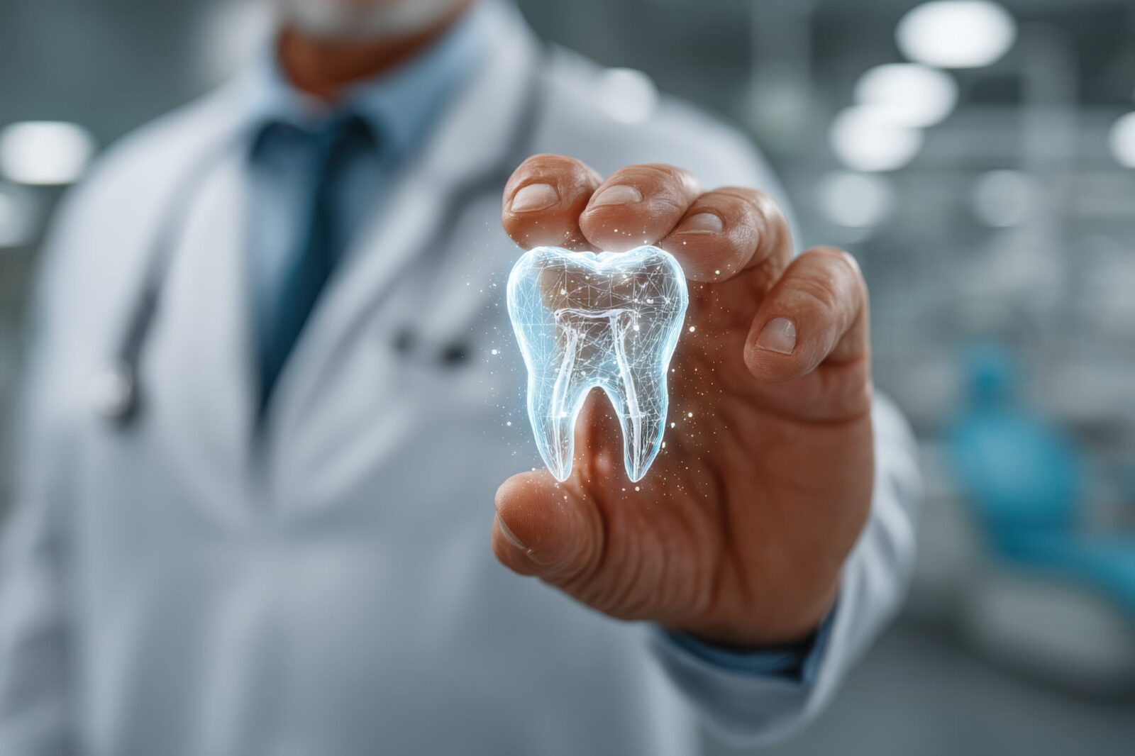 歯のPMTCについて説明する手に歯の透過CGを持った歯科医