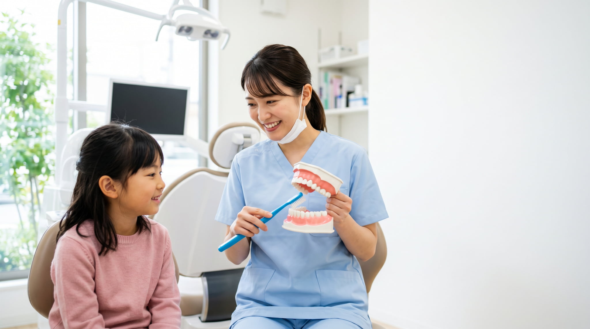 歯科医院で歯磨き指導を受ける女の子