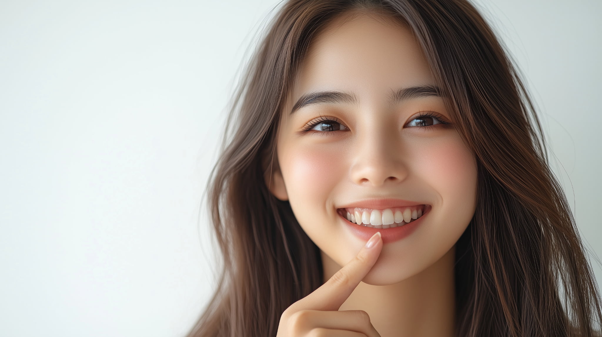 綺麗になった前歯を指さして笑顔を見せる女性