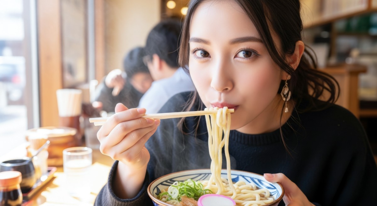 根管治療中に治療中の歯に負担の少ないやわらかいうどんを食べる女性
