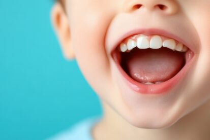 笑う整った歯並びの子どもの口元